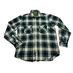 Vintage 70s 80s Montgomery Ward Men Wool Tall L Tartan Plaid Flannel Shirt Green